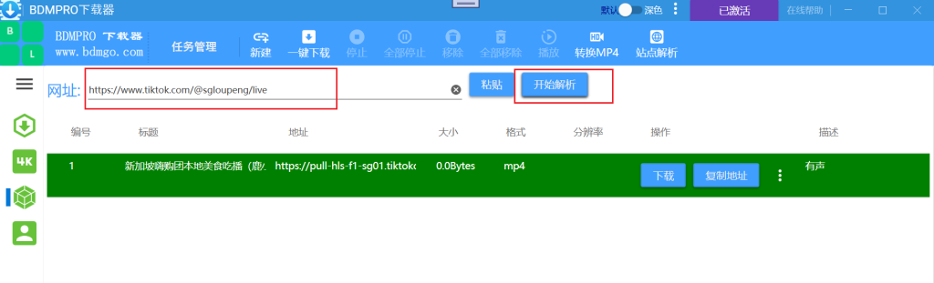 打开BDMPro 站点解析功能，然后解析复制的地址操作截图